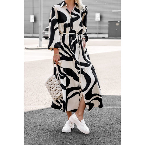 Damen langes Hemdkleid mit modernem Wellenmuster und Taillengürtel Drune