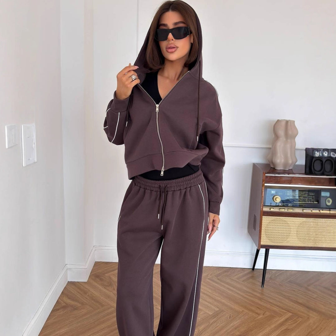 Damen Sportliches Jogging Ensemble mit Kapuze und seitlichen Streifen Drune