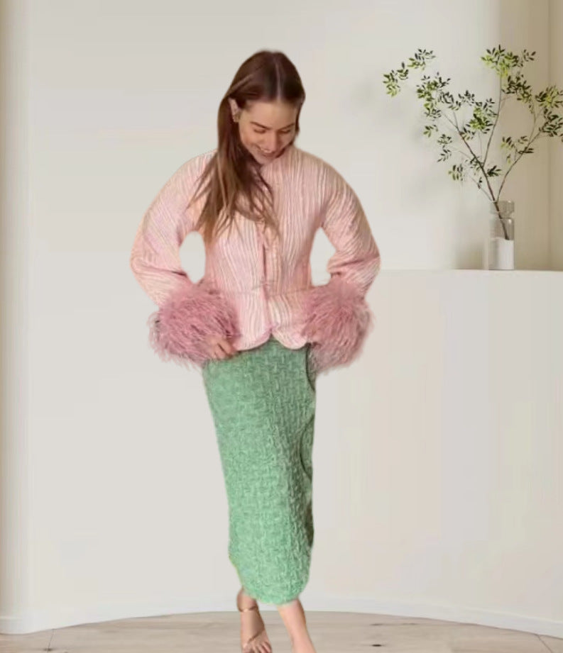 Damen Elegante Strickjacke mit voluminösen Ärmeln und feinem Muster Drune
