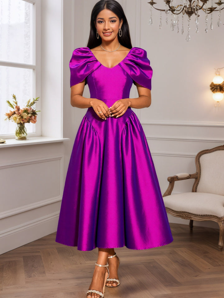 Damen elegantes Midikleid mit voluminösen Puffärmeln und schwingendem Rock Drune