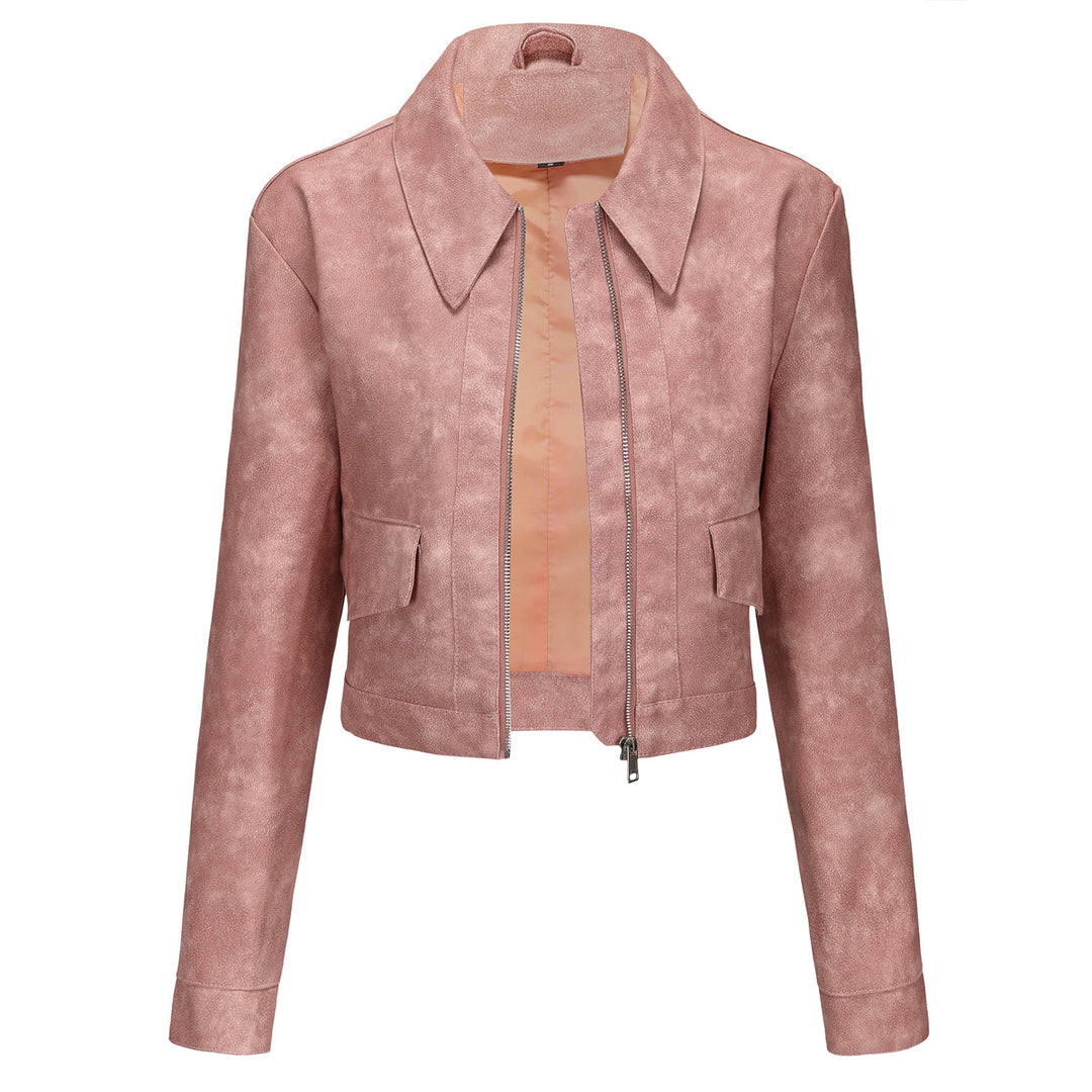 Damen modische cropped Kunstlederjacke mit klassischem Wellenkragen Drune