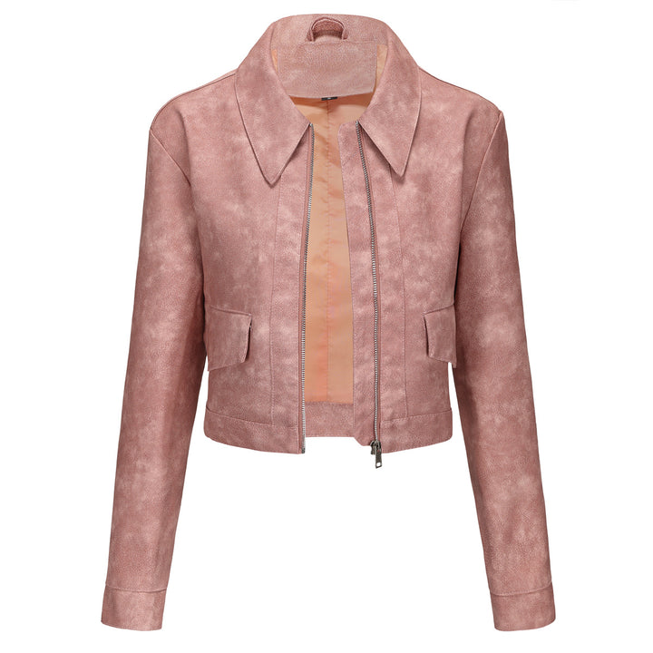 Damen modische cropped Kunstlederjacke mit klassischem Wellenkragen Drune