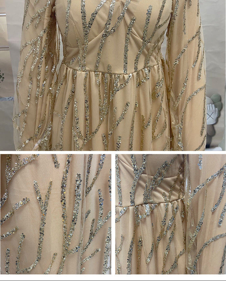 Drune | Prominente Formelle Patchwork Perlen V-Ausschnitt Abendkleid Kleider