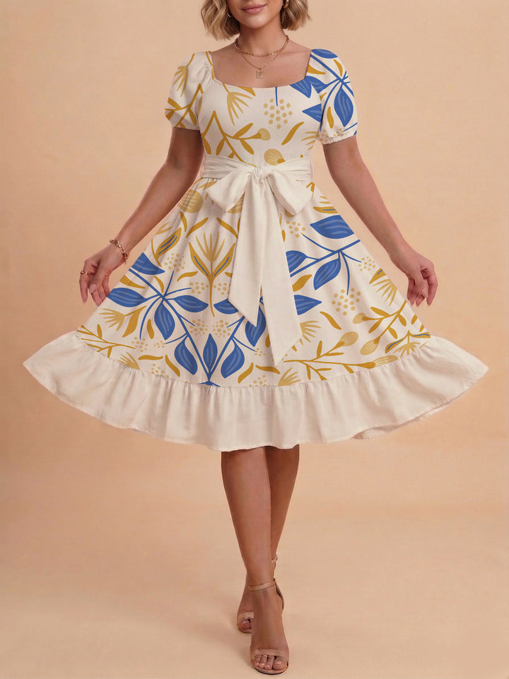 Damen A-Linien-Kleid mit floralen Motiven und taillierbarem Gürtel Drune