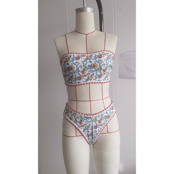 Damen Bandeau-Bikini mit floralem Muster und doppeltem Bortenabschluss Drune