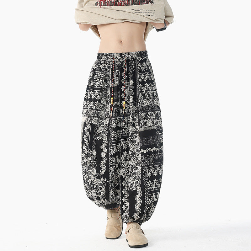 Damen nan lässige Pluderhose im Ethno-Print mit elastischem Bund, Kordelzug und gesmokten Bündchen Drune
