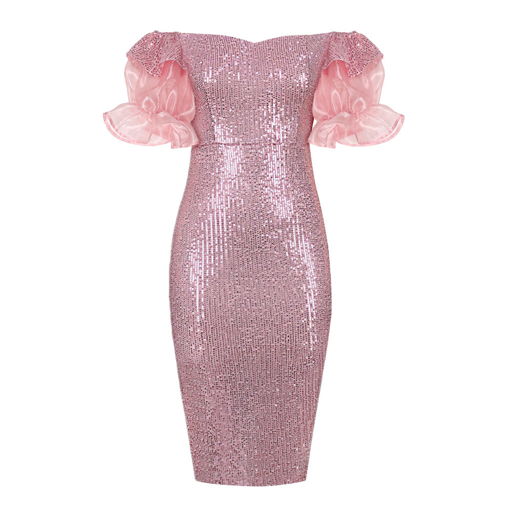 Damen Glitzerndes Cocktailkleid mit schulterfreiem Design und voluminösen Puffärmeln Drune