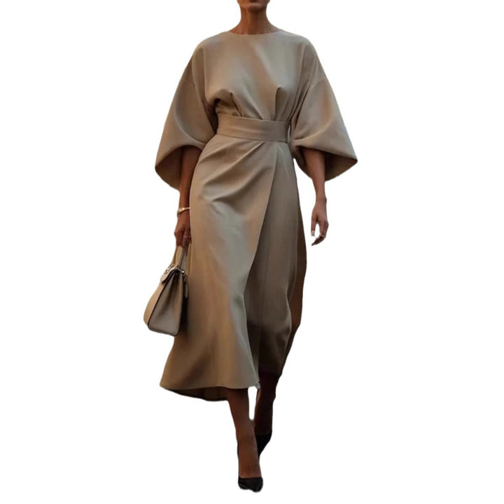 Damen elegantes Maxikleid mit oversized Ärmeln und tailliertem Gürtel Drune