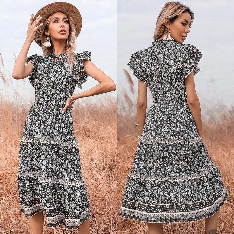 Damen Sommerkleid mit Rüschendetails und floralen Mustern Drune