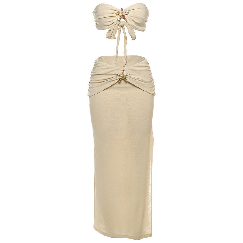Damen Crop-Top und Maxirock Set mit eleganten Drapierungen und schimmernden Akzenten Drune