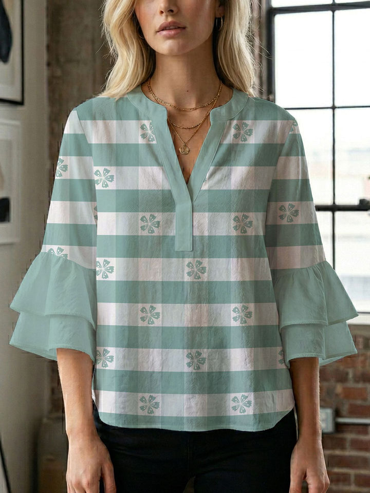 Damen Blusenshirt mit voluminösen Ärmeln und kreativem Druckdesign Drune