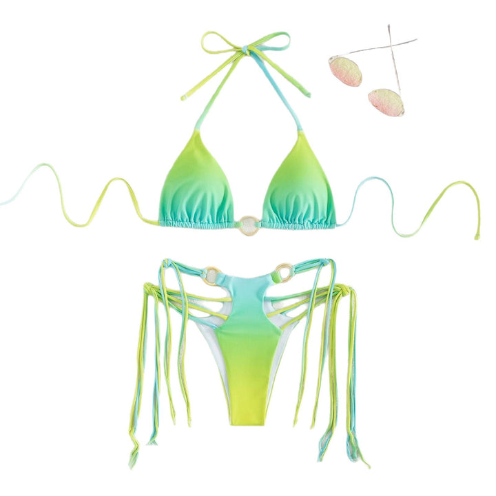 Damen Triangel-Bikini mit modischen Schnüroptik und schimmernden Ringdetails Drune