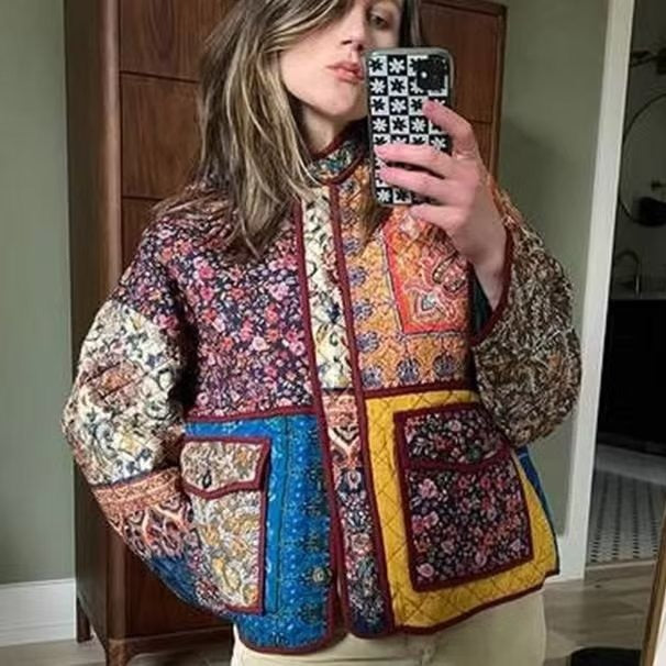 Damen gesteppte Patchworkjacke mit Taschen und buntem Design Drune