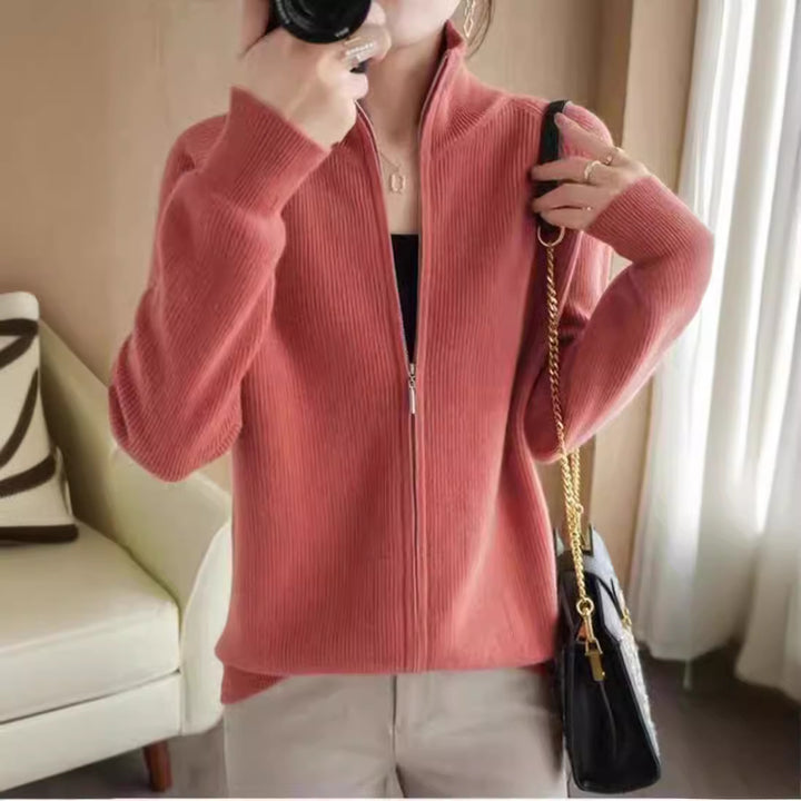 Damen Strickjacke mit hohem Stehkragen und durchgehendem Reißverschluss Drune