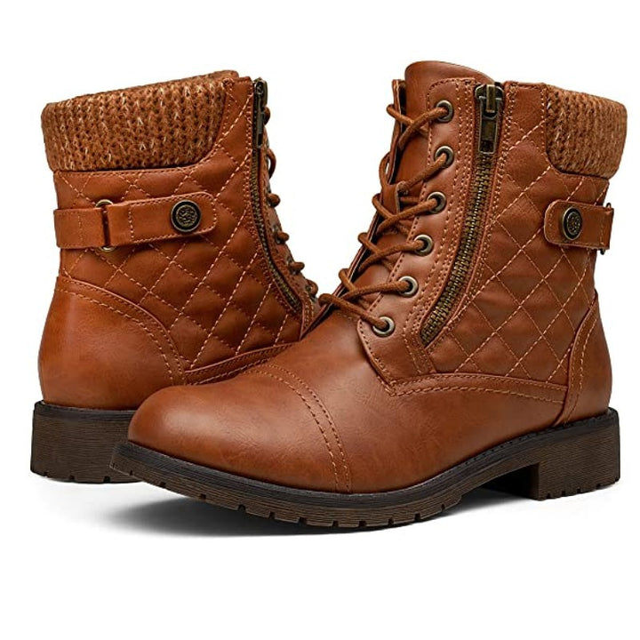 Damen nan gequiltete Schnür-Bikerboots mit seitlichem Reißverschluss, gepolstertem Schaft und robustem Profilsohle Drune