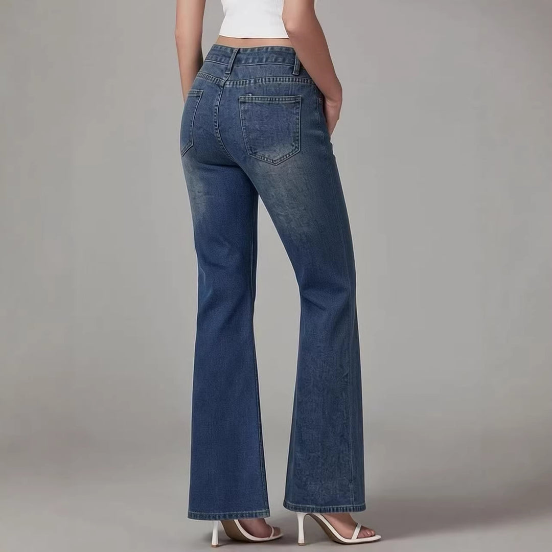 Damen nan High‑Waist Schlagjeans mit Distressed-Kniepartie und strukturierter Denim-Optik Drune