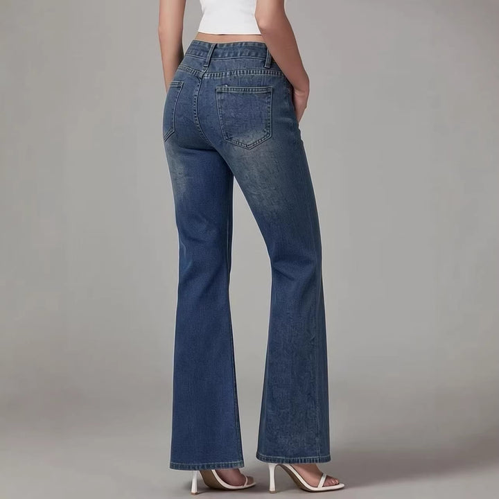 Damen nan High‑Waist Schlagjeans mit Distressed-Kniepartie und strukturierter Denim-Optik Drune