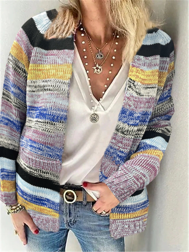 Damen Offen gestrickte Cardigan mit bunten Streifen und lässigem Schnitt Drune