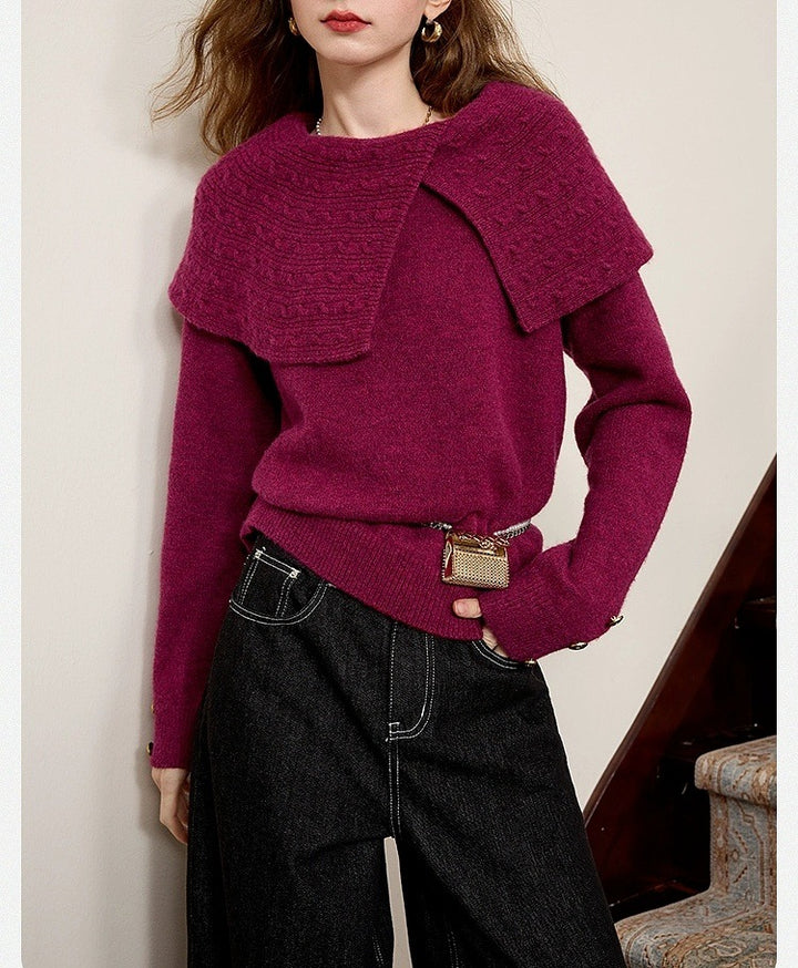 Damen eleganter Waldgrün Pullover mit hochwertigem strukturiertem Kragen Drune
