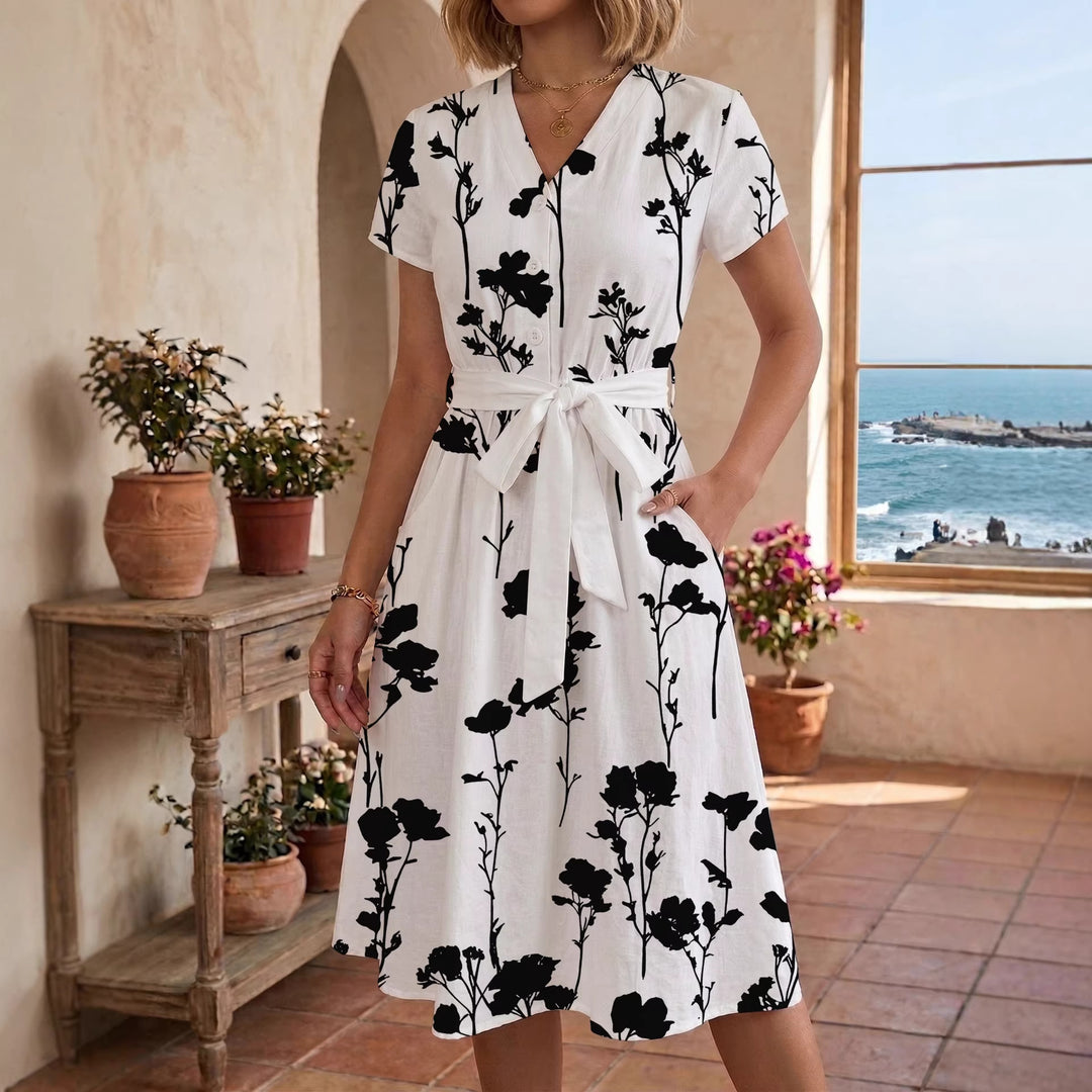 Damen Blühendes Midikleid mit taillierbarem Gürtel und kunstvollem Print Drune