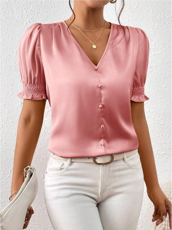Damen Satinbluse mit Puffärmeln und eleganter Knopfleiste Drune
