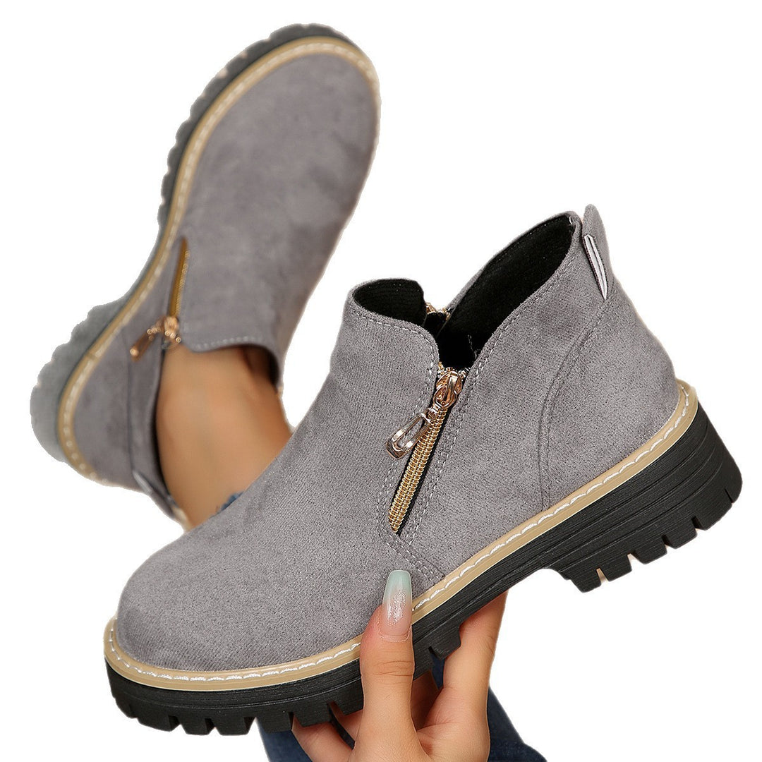 Damen nan knöchelhohe Stiefelette mit dekorativem Reißverschluss gepolstertem Schaft und robuster Profilsohle Drune