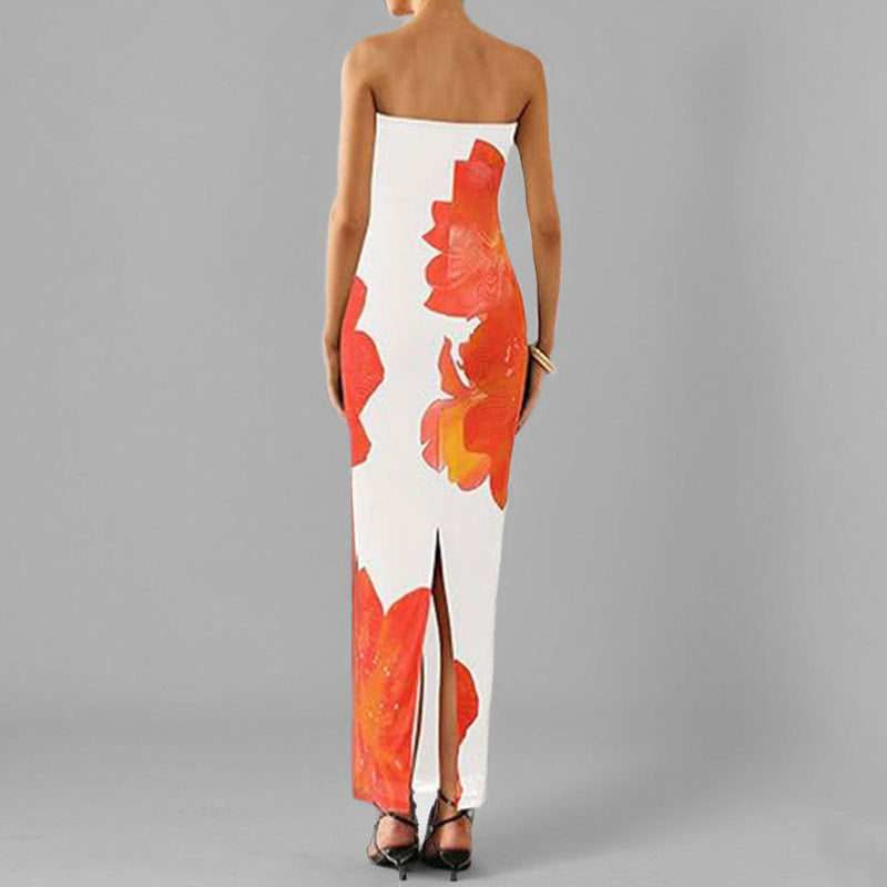 Anmutiges Blumenmuster Schulterfreies Figurbetontes Kleid Drune