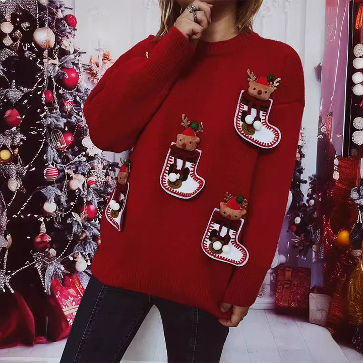 Damen Weihnachts-Strickpullover mit festlichem Rentier-Motiv und 3D-Details Drune