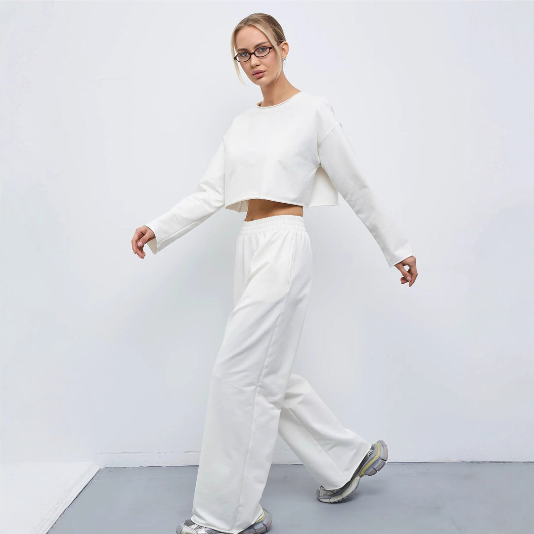 Damen Komfortables Cropped Sweatshirt und Weite Jogginghose Set Drune