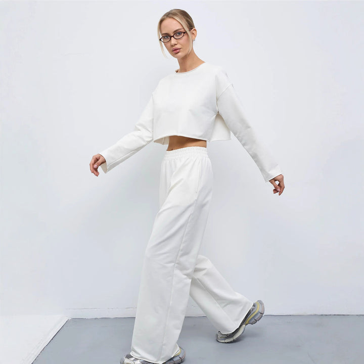 Damen Komfortables Cropped Sweatshirt und Weite Jogginghose Set Drune