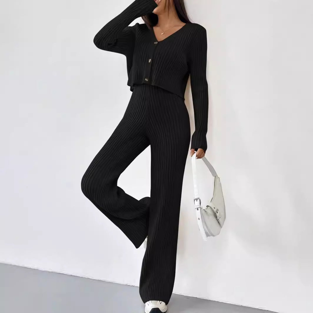 Damen Elegantes Strick-Lounge-Set mit V-Ausschnitt und hohen Bündchen Drune