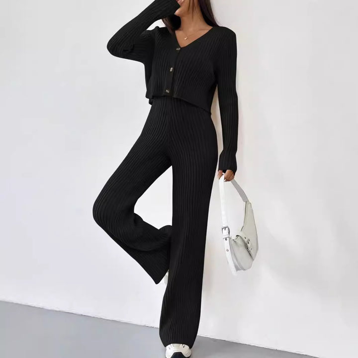 Damen Elegantes Strick-Lounge-Set mit V-Ausschnitt und hohen Bündchen Drune