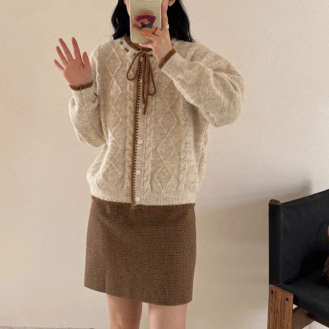Damen lässige Strickjacke mit Zopf-Design und Schleifenverschluss Drune