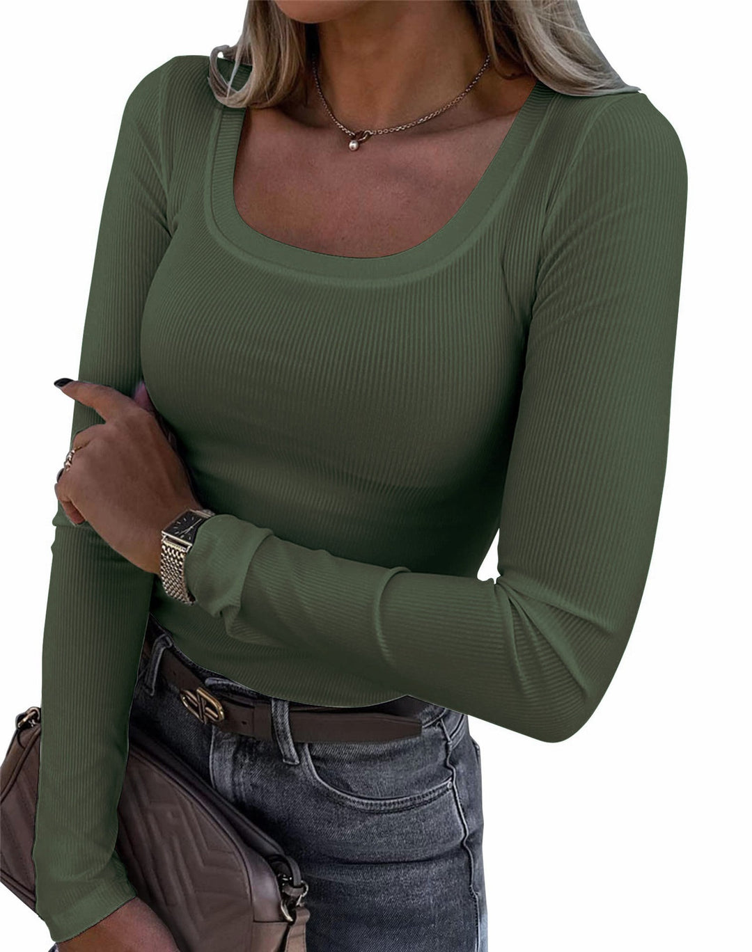 Damen Langarm Ripp-T-Shirt mit elegantem U-Boot-Ausschnitt Drune