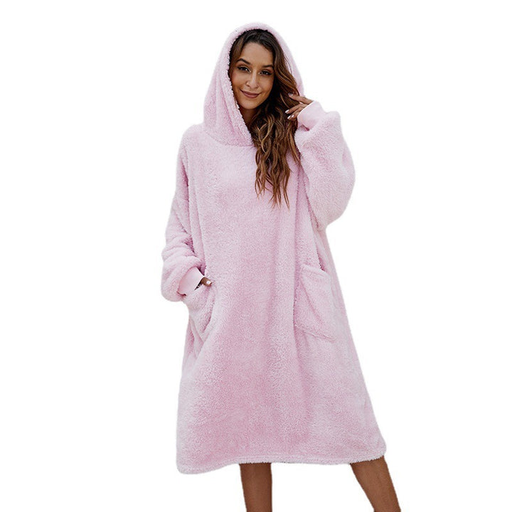 Damen gemütliches Fleece-Hoodie-Kleid mit praktischen Taschen und großer Kapuze Drune