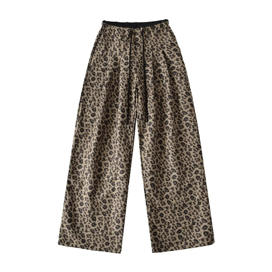 Damen Trendige weite Leoparden-Hose mit elastischem Bund und Bindegürtel Drune