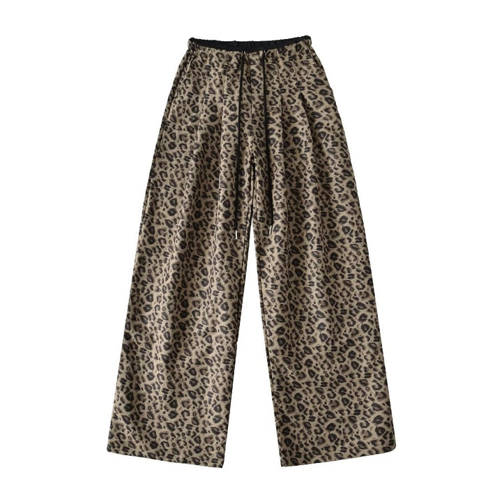 Damen Trendige weite Leoparden-Hose mit elastischem Bund und Bindegürtel Drune