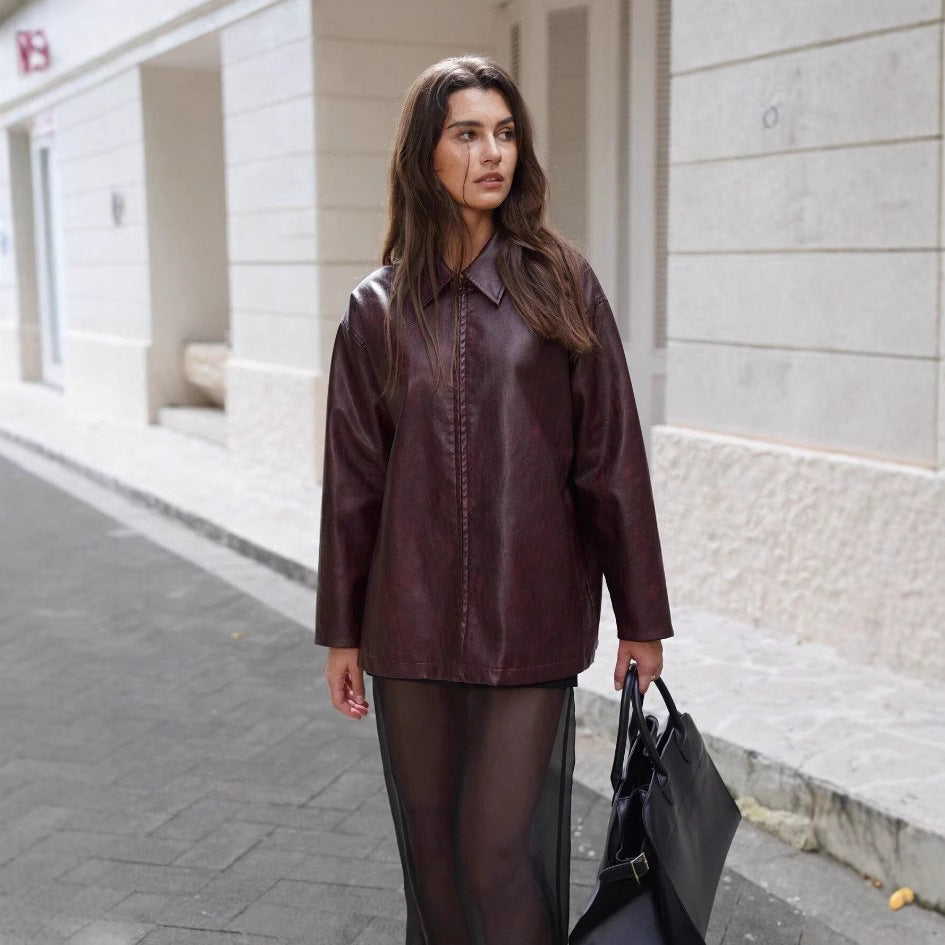 Damen lässige Kunstlederjacke mit strukturiertem Design Drune