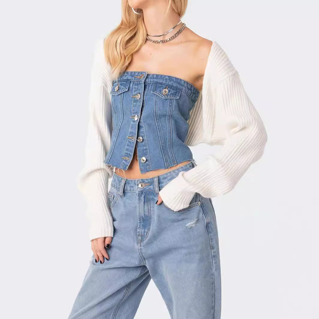 Damen Denim-Crop-Top mit gestricktem Überwurf Drune