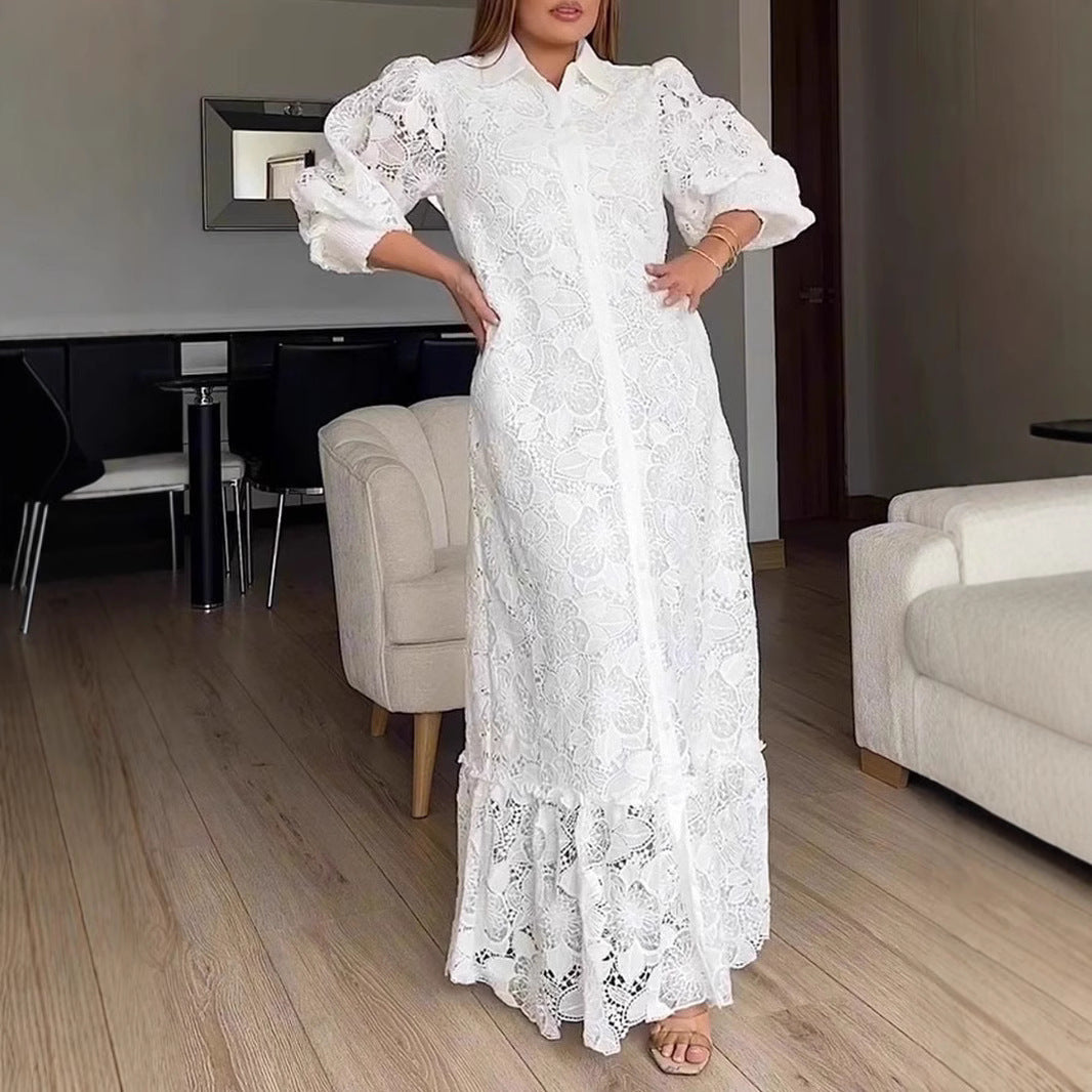 Damen Elegantes Spitzenmaxikleid mit voluminösen Ärmeln Drune