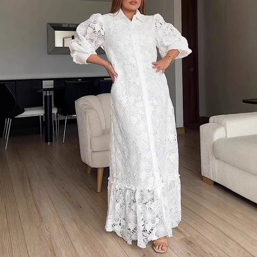Damen Elegantes Spitzenmaxikleid mit voluminösen Ärmeln Drune