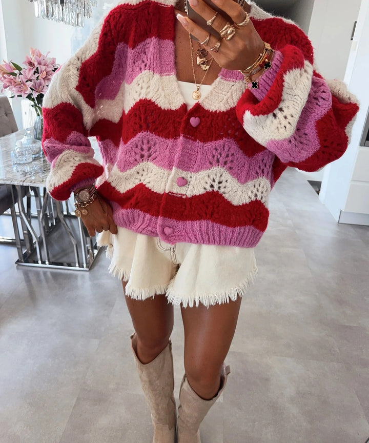 Damen gemütlicher Strickcardigan mit Wellenmuster Drune