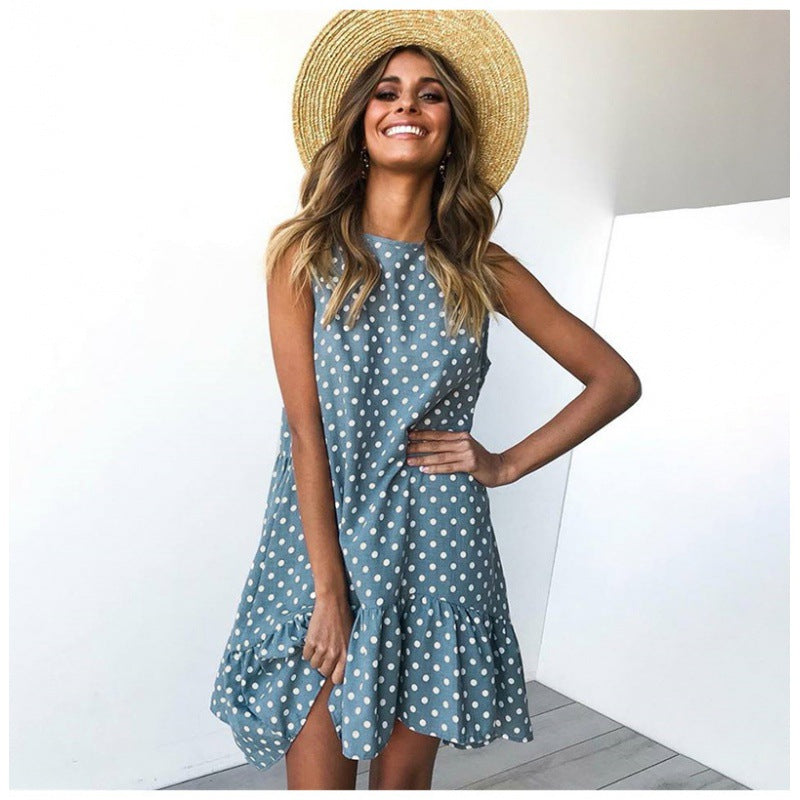 Damen Sommerliches A-Linien Kleid mit Rüschensaum und Punkten Drune