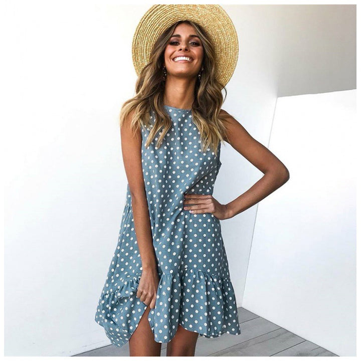 Damen Sommerliches A-Linien Kleid mit Rüschensaum und Punkten Drune