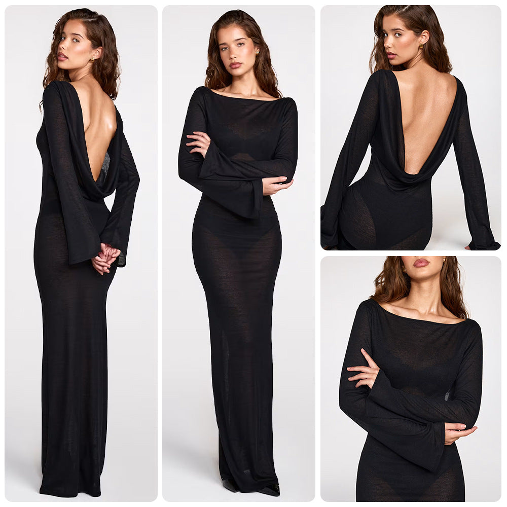 Damen elegantes langärmliges Maxikleid aus transparentem Stoff mit figurbetontem Schnitt Drune