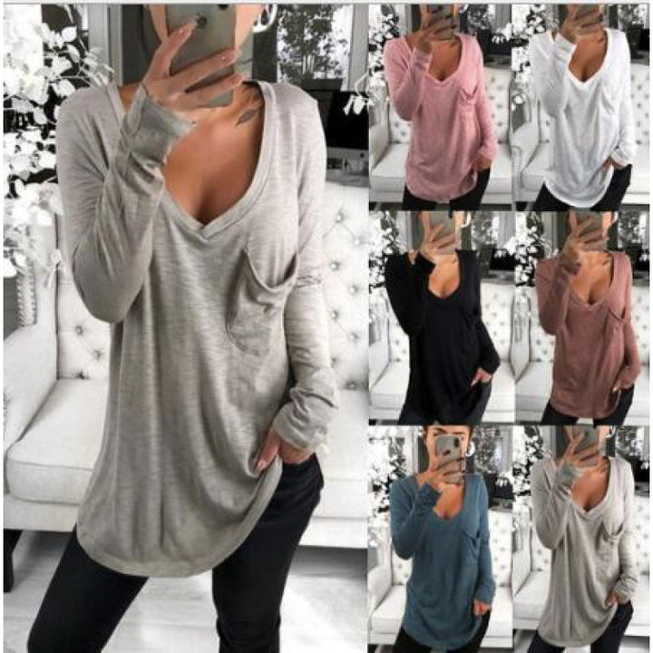 Damen Lässiges Langarmshirt mit tiefem V-Ausschnitt und Brusttasche Drune