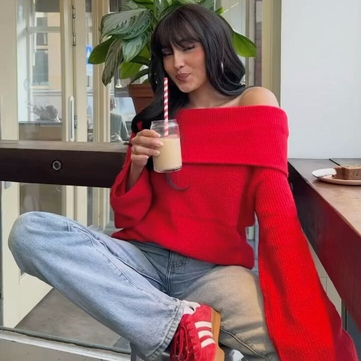 Damen nan oversize schulterfreier Strickpullover mit breitem Umschlagkragen und Rippstruktur Drune