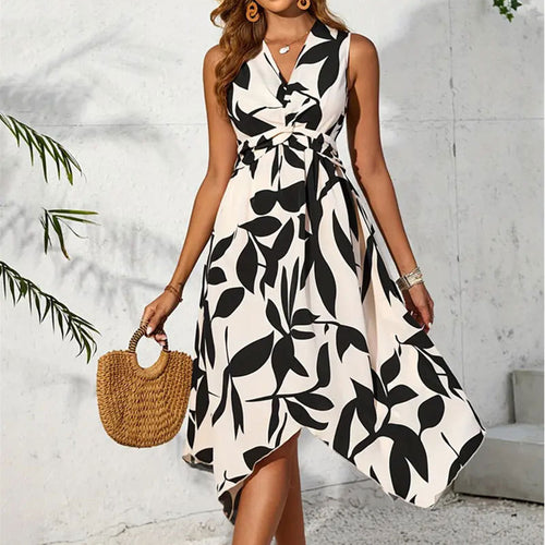 Damen asymmetrisches Kleid mit botanischem Druck Drune