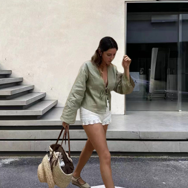 Damen kurzärmlige Jacke mit lässigem Bindegürtel Drune