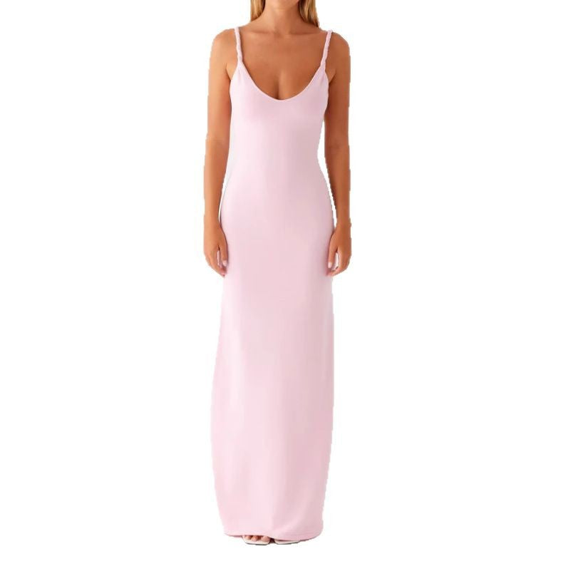 Damen Langarm-Maxikleid aus hochwertigem, elastischem Material mit tiefem V-Ausschnitt und eleganten Spaghetti-Trägern Drune